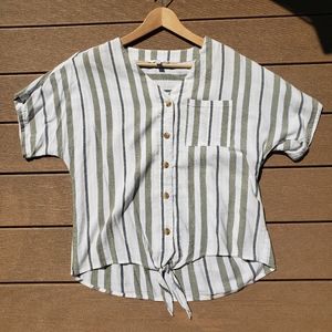 Time and Tru Green and Beige Striped Summer Beach Button Down Tie Top